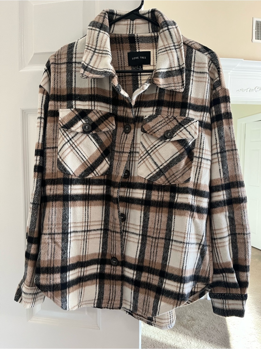 Love Tree Plaid Utility Shacket in Cream, Brown & Black